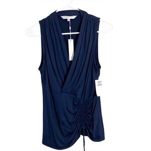 🔥Trina Turk navy sleeveless faux wrap and cinched top. Small. NWT